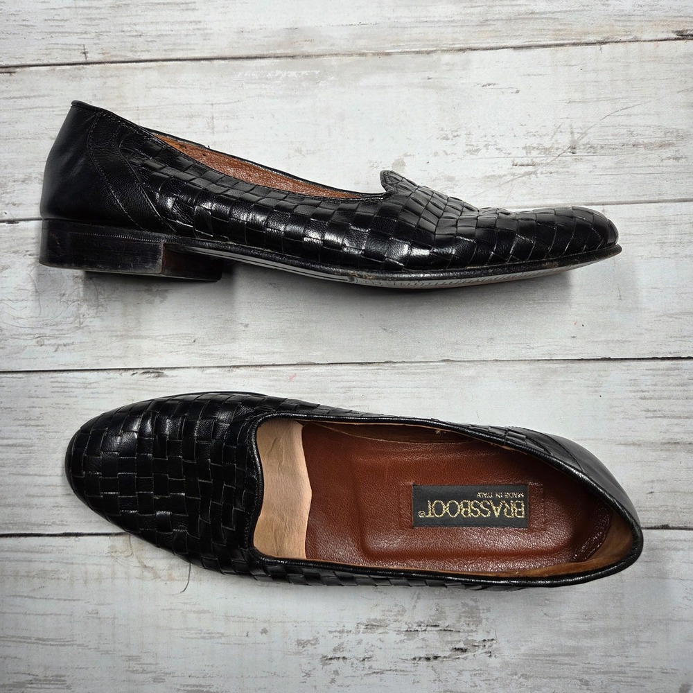 Brassboot Woven Leather Loafers Basketweave Dress Shoe Men 9 Black Made in Italy